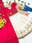 White & Red Kids Tissue Silk Thread Work Lehenga Choli Set - BONYHUBLehangas