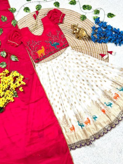 White & Red Kids Tissue Silk Thread Work Lehenga Choli Set - BONYHUBLehangas