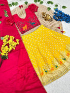 Yellow & Red Kids Tissue Silk Thread Work Lehenga Choli Set - BONYHUBLehangas