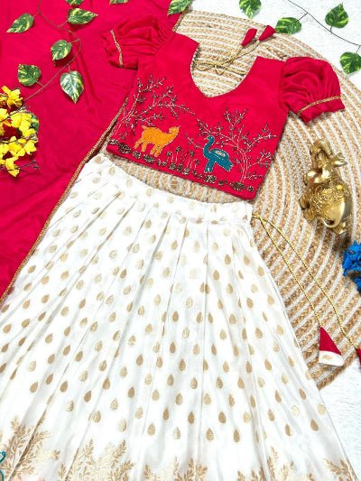 White & Red Kids Tissue Silk Thread Work Lehenga Choli Set - BONYHUBLehangas