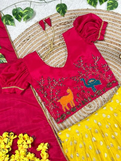 Yellow & Red Kids Tissue Silk Thread Work Lehenga Choli Set - BONYHUBLehangas