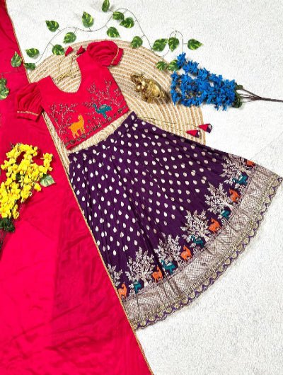 Purple & Red Kids Tissue Silk Thread Work Lehenga Choli Set - BONYHUBLehangas
