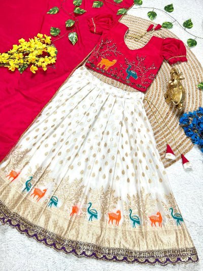 White & Red Kids Tissue Silk Thread Work Lehenga Choli Set - BONYHUBLehangas