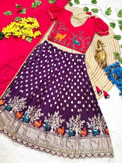 Purple & Red Kids Tissue Silk Thread Work Lehenga Choli Set - BONYHUBLehangas
