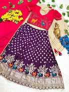 Purple & Red Kids Tissue Silk Thread Work Lehenga Choli Set - BONYHUBLehangas