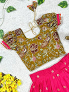 Kids Pink & Mustard Dola Silk Embroidery Lehenga Blouse - BONYHUBLehangas