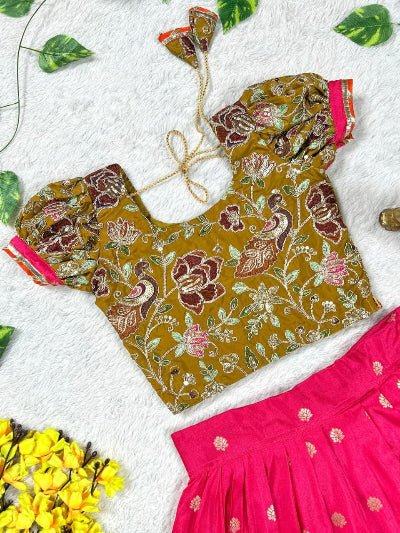 Kids Pink & Mustard Dola Silk Embroidery Lehenga Blouse - BONYHUBLehangas
