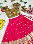 Kids Pink & Mustard Dola Silk Embroidery Lehenga Blouse - BONYHUBLehangas