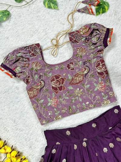 Kids Purple Dola Silk Embroidery Lehenga Blouse - BONYHUBLehangas