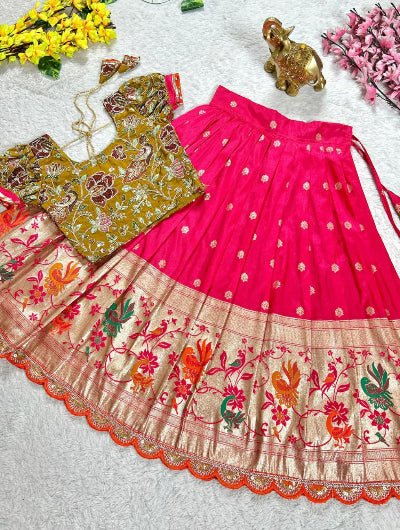 Kids Pink & Mustard Dola Silk Embroidery Lehenga Blouse - BONYHUBLehangas