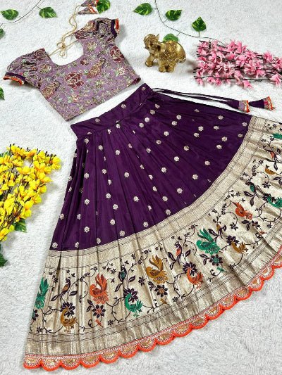 Kids Purple Dola Silk Embroidery Lehenga Blouse - BONYHUBLehangas