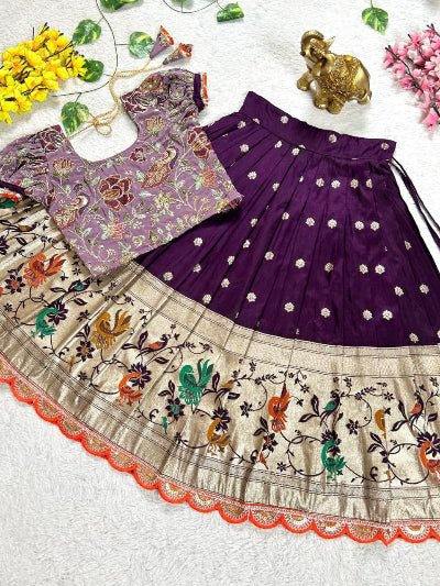 Kids Purple Dola Silk Embroidery Lehenga Blouse - BONYHUBLehangas