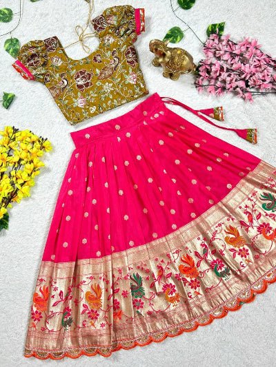 Kids Pink & Mustard Dola Silk Embroidery Lehenga Blouse - BONYHUBLehangas