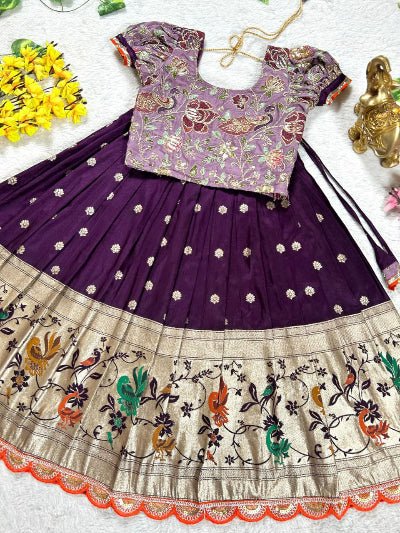 Kids Purple Dola Silk Embroidery Lehenga Blouse - BONYHUBLehangas