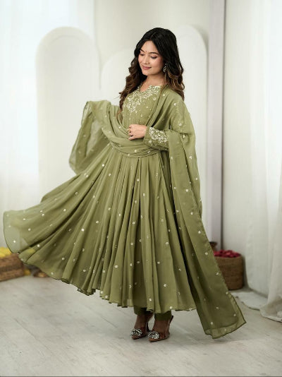 Light Olive Green Georgette Embroidered Anarkali Suit | Asian Wear