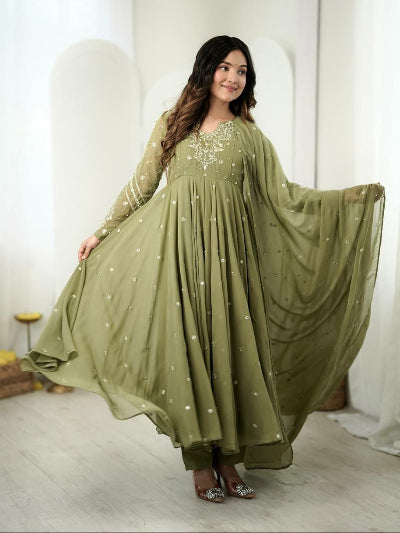 Light Olive Green Georgette Embroidered Anarkali Suit | Asian Wear