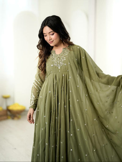 Light Olive Green Georgette Embroidered Anarkali Suit | Asian Wear