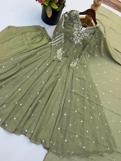 Light Olive Green Georgette Embroidered Anarkali Suit | Asian Wear