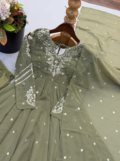 Light Olive Green Georgette Embroidered Anarkali Suit | Asian Wear