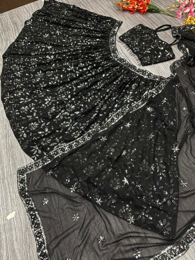 Black Georgette Sequins Embellished Lehenga Choli Set - BONYHUBSALWAR KAMEEZ