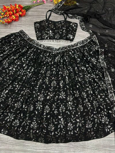 Black Georgette Sequins Embellished Lehenga Choli Set - BONYHUBSALWAR KAMEEZ