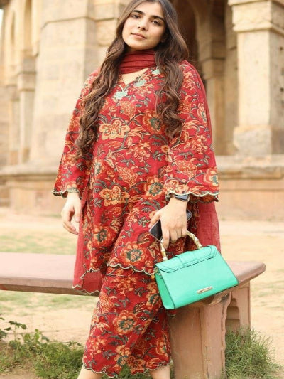 Red Floral Cotton Kurta Pant Dupatta Set