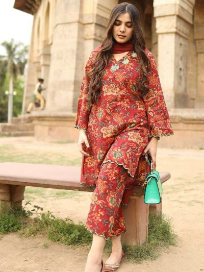 Red Floral Cotton Kurta Pant Dupatta Set