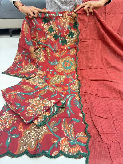Red Floral Cotton Kurta Pant Dupatta Set