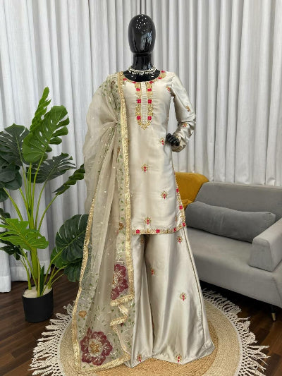 Pearl Ivory Designer Sequins Work Sharara Palazzo Suit Set