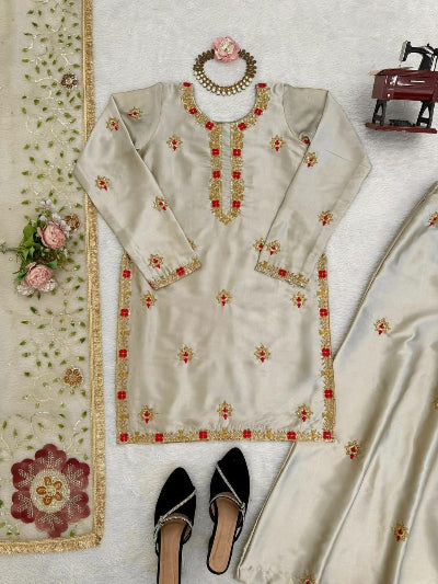 Pearl Ivory Designer Sequins Work Sharara Palazzo Suit Set