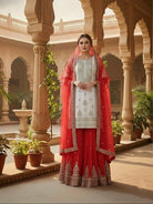 White & Red Premium Embroidery Work Georgette Sharara Set - BONYHUBSALWAR KAMEEZ