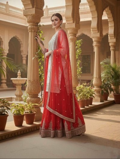 White & Red Premium Embroidery Work Georgette Sharara Set - BONYHUBSALWAR KAMEEZ