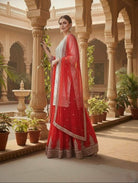 White & Red Premium Embroidery Work Georgette Sharara Set - BONYHUBSALWAR KAMEEZ