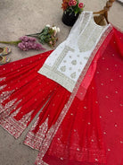 White & Red Premium Embroidery Work Georgette Sharara Set - BONYHUBSALWAR KAMEEZ