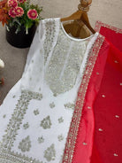 White & Red Premium Embroidery Work Georgette Sharara Set - BONYHUBSALWAR KAMEEZ