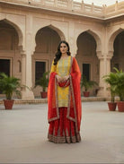 Yellow & Red Premium Embroidery Work Georgette Sharara Set - BONYHUBSALWAR KAMEEZ