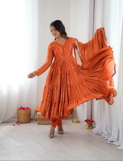 Orange Chanderi Real Mirror Hand Work Ruffle Anarkali Suit - BONYHUBSALWAR KAMEEZ
