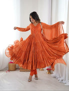 Orange Chanderi Real Mirror Hand Work Ruffle Anarkali Suit - BONYHUBSALWAR KAMEEZ