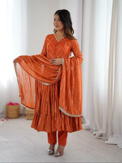 Orange Chanderi Real Mirror Hand Work Ruffle Anarkali Suit - BONYHUBSALWAR KAMEEZ