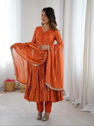 Orange Chanderi Real Mirror Hand Work Ruffle Anarkali Suit - BONYHUBSALWAR KAMEEZ