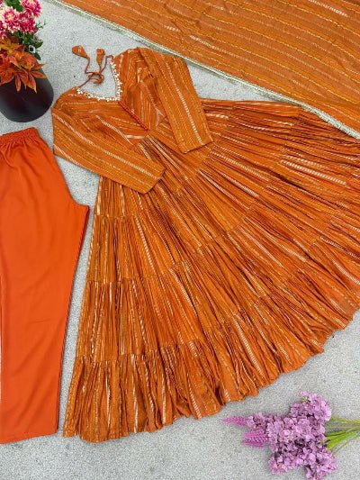 Orange Chanderi Real Mirror Hand Work Ruffle Anarkali Suit - BONYHUBSALWAR KAMEEZ