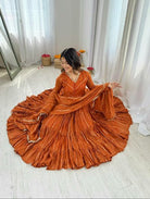 Orange Chanderi Real Mirror Hand Work Ruffle Anarkali Suit - BONYHUBSALWAR KAMEEZ