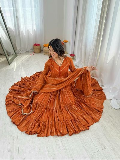 Orange Chanderi Real Mirror Hand Work Ruffle Anarkali Suit - BONYHUBSALWAR KAMEEZ