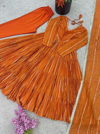 Orange Chanderi Real Mirror Hand Work Ruffle Anarkali Suit - BONYHUBSALWAR KAMEEZ