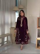Maroon Velvet Sequence Embroidery Work Suit Set - BONYHUBSALWAR KAMEEZ