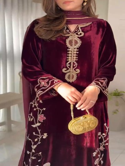 Maroon Velvet Sequence Embroidery Work Suit Set - BONYHUBSALWAR KAMEEZ
