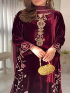 Maroon Velvet Sequence Embroidery Work Suit Set - BONYHUBSALWAR KAMEEZ