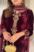 Maroon Velvet Sequence Embroidery Work Suit Set - BONYHUBSALWAR KAMEEZ