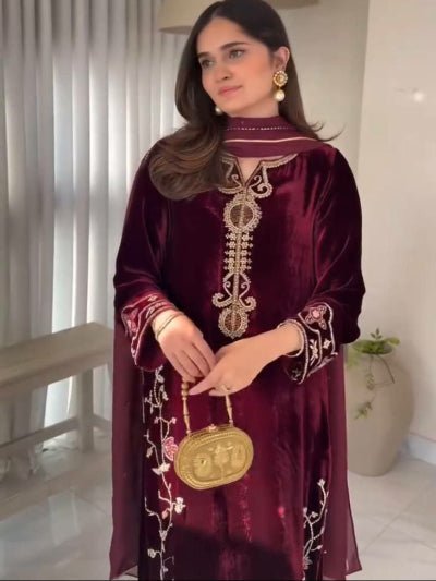 Maroon Velvet Sequence Embroidery Work Suit Set - BONYHUBSALWAR KAMEEZ