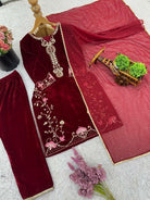 Maroon Velvet Sequence Embroidery Work Suit Set - BONYHUBSALWAR KAMEEZ